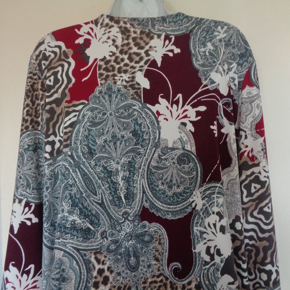 Chico's Mixed Paisley & Animal Print Tunic in Burgundy, Cream, Gray, Brown - Picture 7 of 9